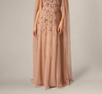 Cape Sleeve Floral Sequin Beaded Gown In Rose Gold 4