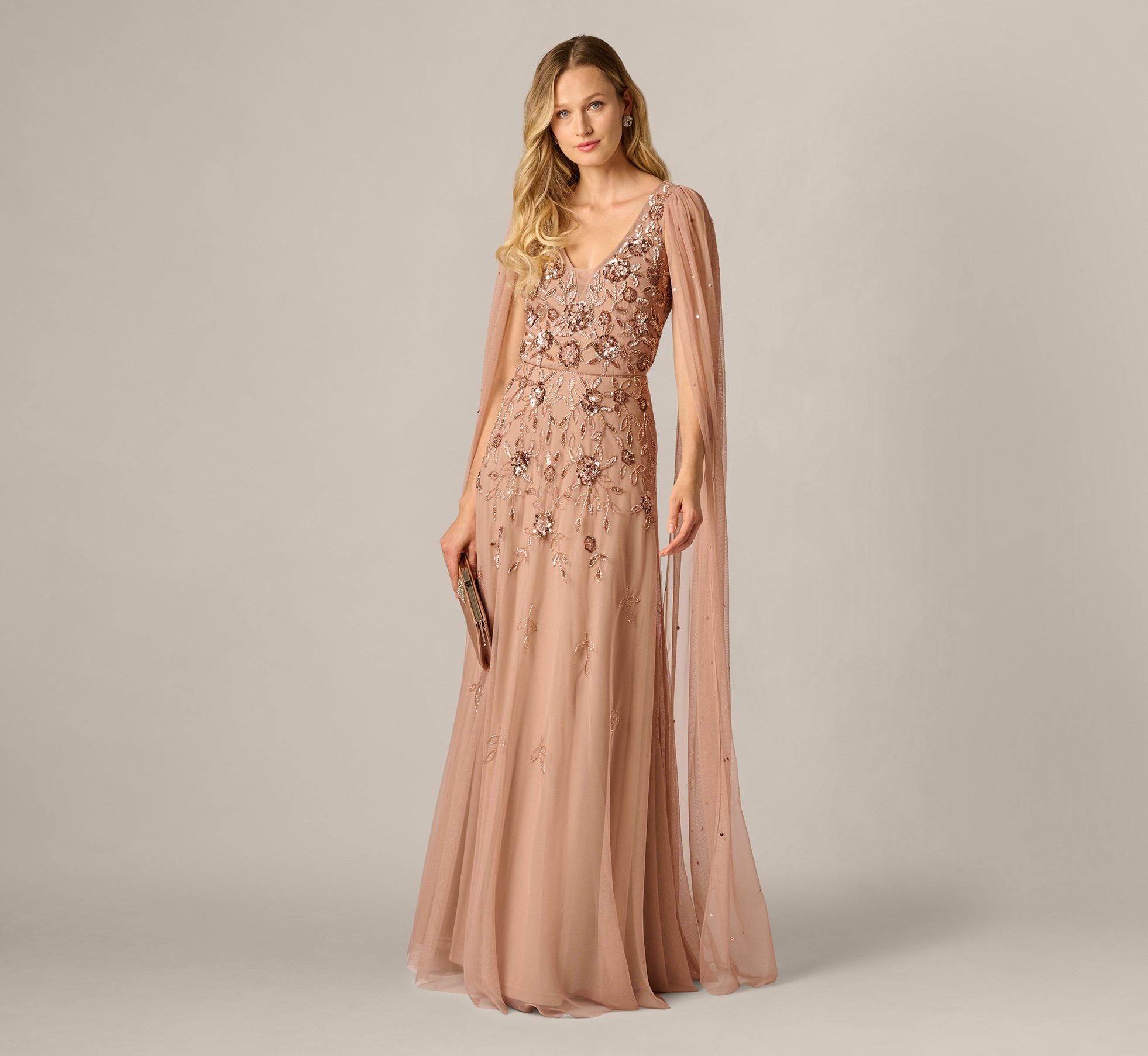 Cape Sleeve Floral Sequin Beaded Gown In Rose Gold 1