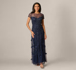 Short Sleeve 3D Beaded Vine Gown In Navy 2