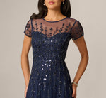 Short Sleeve 3D Beaded Vine Gown In Navy 3