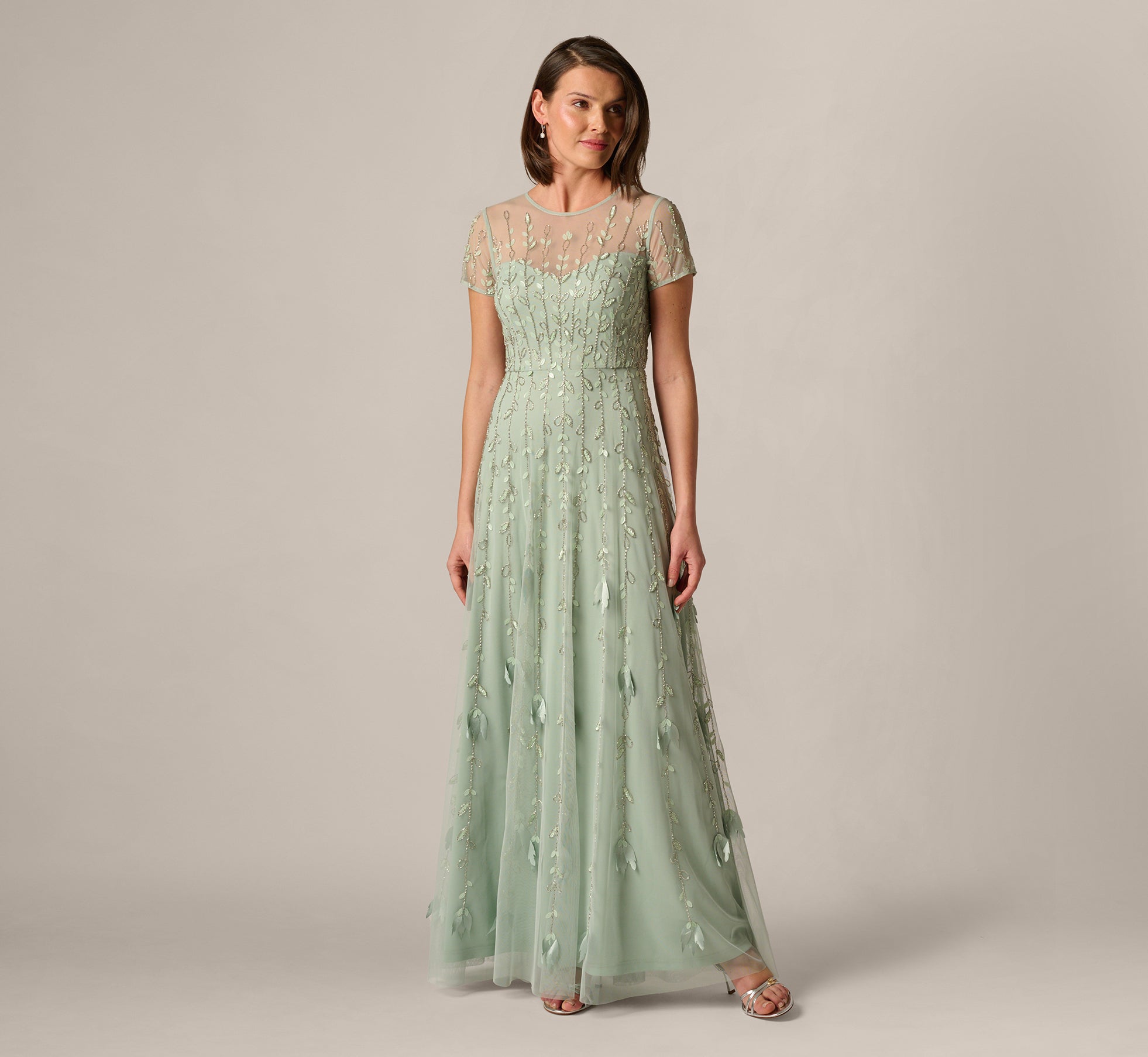 Adrianna Papell Short Sleeve 3D Beaded Vine Gown - Icy Sage Adrianna Papell Short Sleeve 3D Beaded Vine Gown - Icy Sage