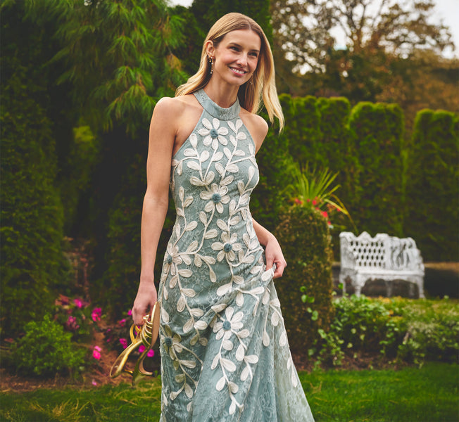 Light Green Lace Soutache Embroidery Halter Gown - Adrianna Papell Light Green Lace Soutache Embroidery Halter Gown - Adrianna Papell