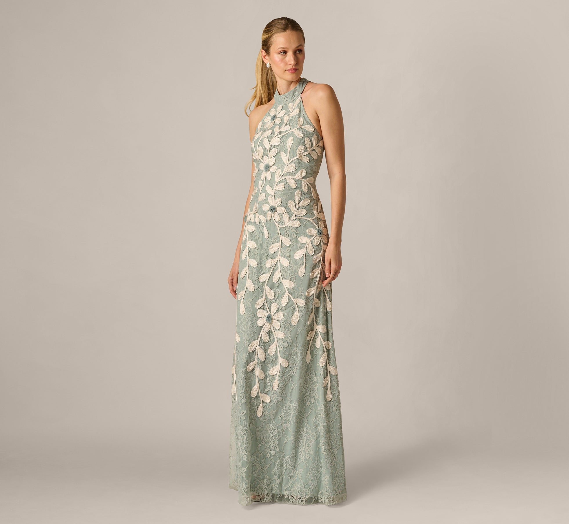 Lace Soutache Embroidery Halter Gown In Sage Ivory