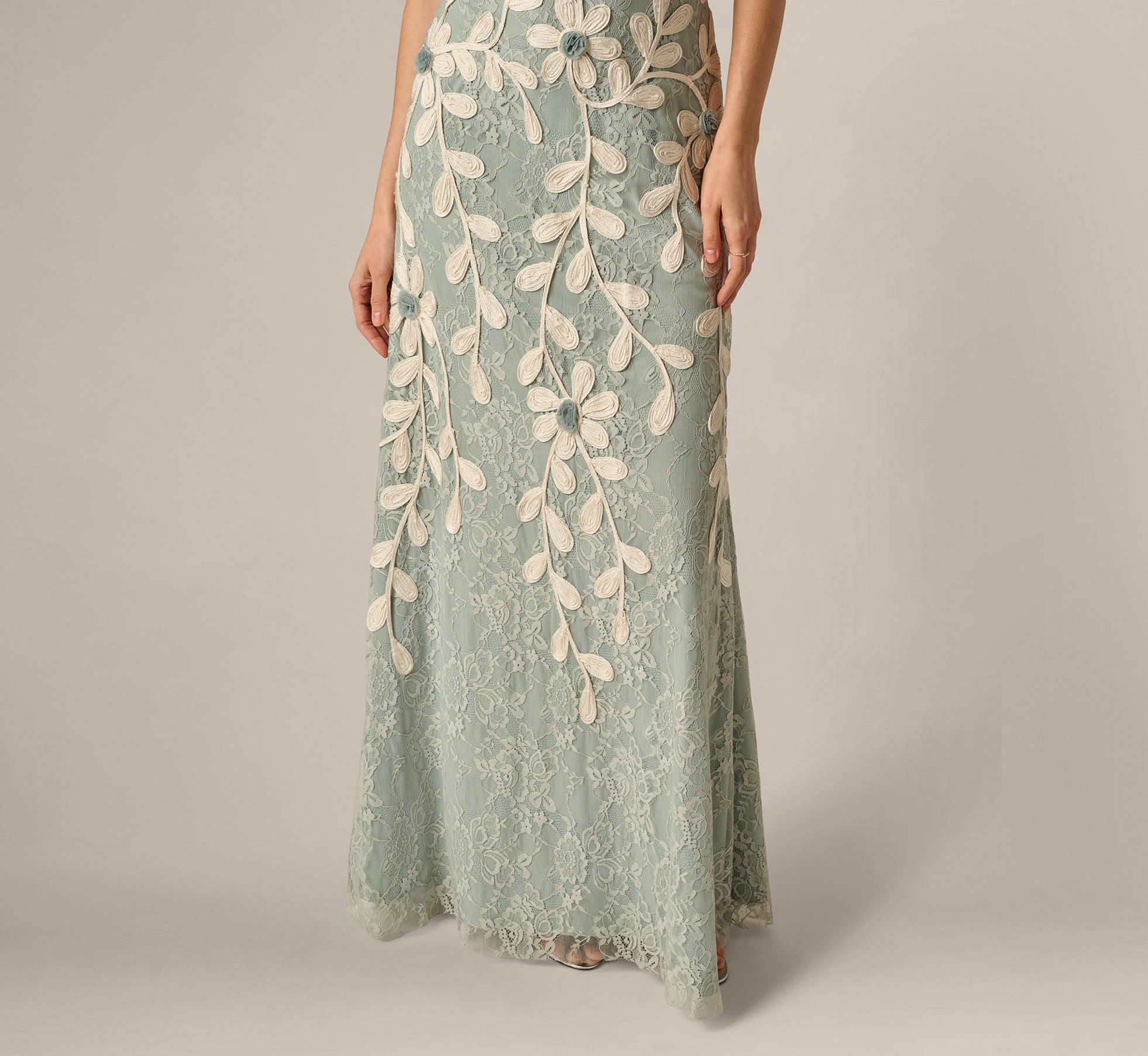 Sage Ivory Lace Soutache Embroidery Halter Gown - Adrianna Papell