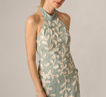 Lace Soutache Embroidery Halter Gown In Sage Ivory 5