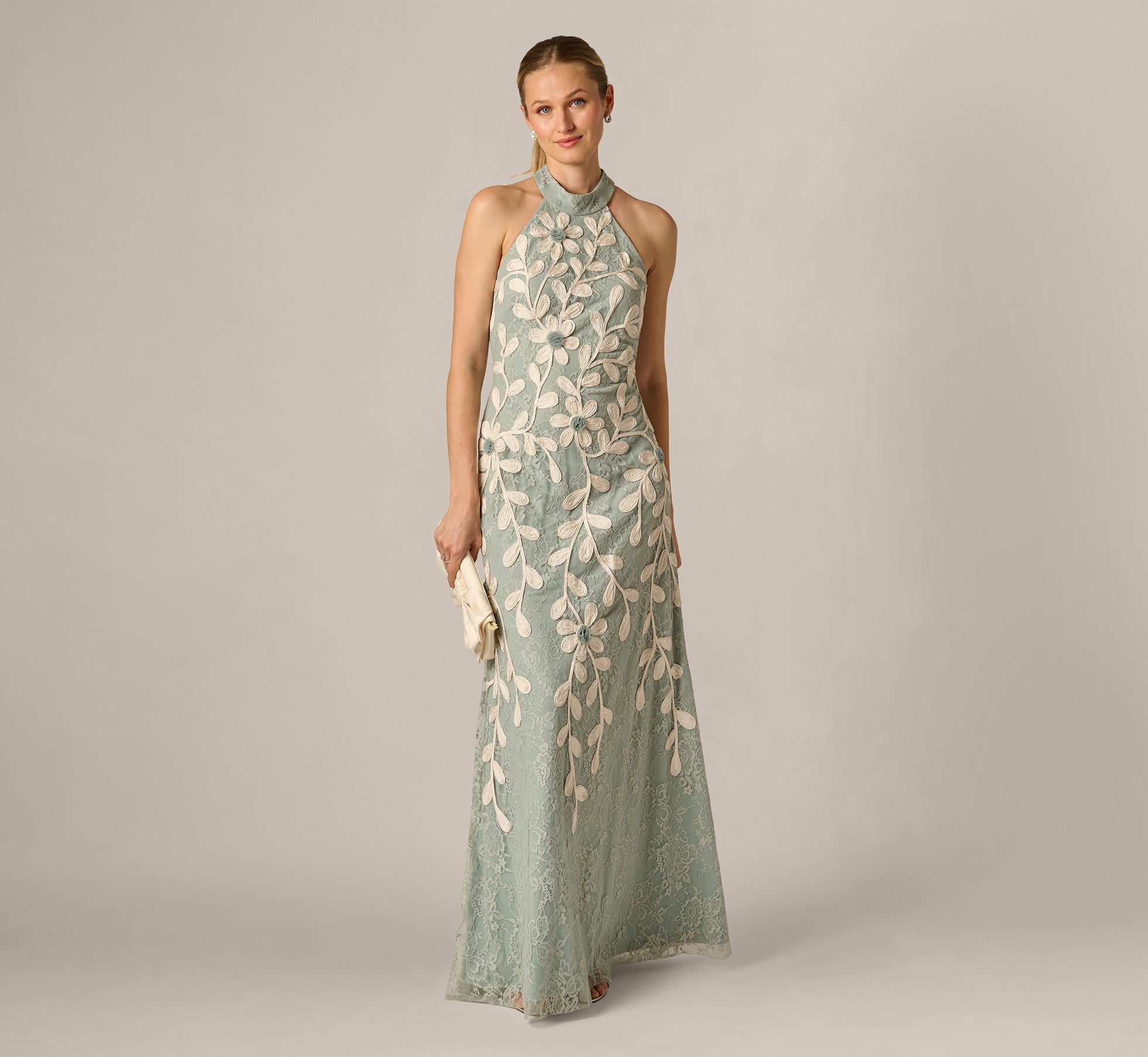 Light Green Lace Soutache Embroidery Halter Gown - Adrianna Papell Light Green Lace Soutache Embroidery Halter Gown - Adrianna Papell