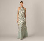 Lace Soutache Embroidery Halter Gown In Sage Ivory 2