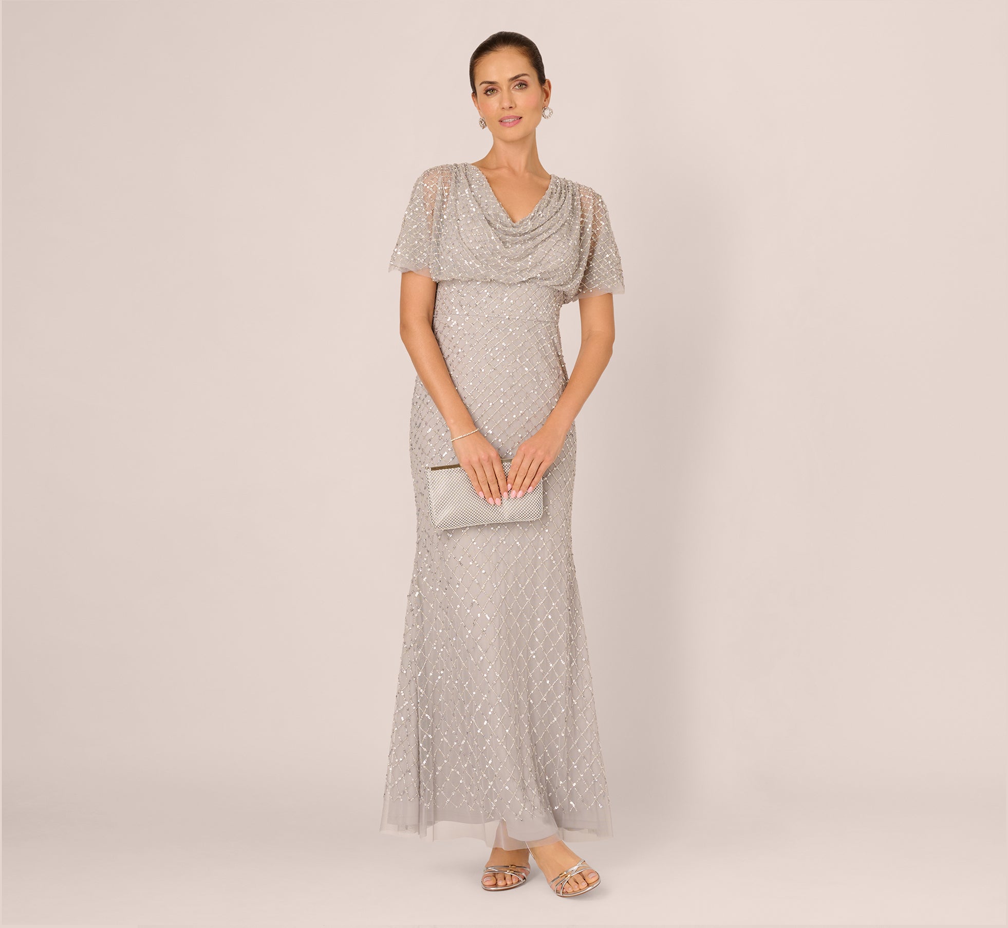 Silver Short Sleeve Diamond Beaded Cowl Gown