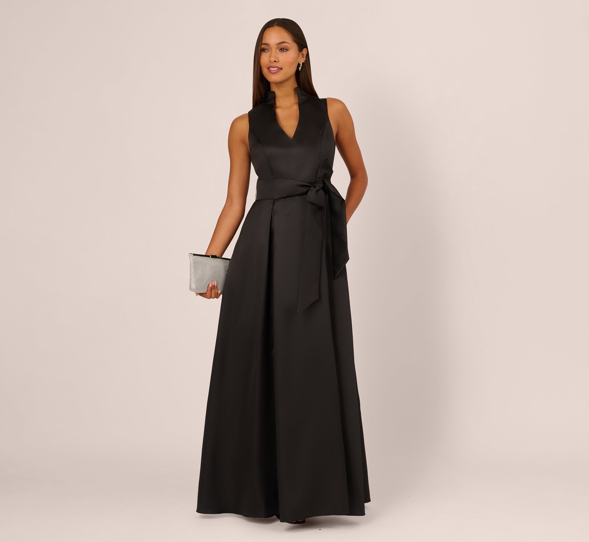 Sleeveless Queen Anne Tie Front Ballgown In Black 1