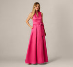 Sleeveless Queen Anne Tie Front Ballgown In Electric Pink 2