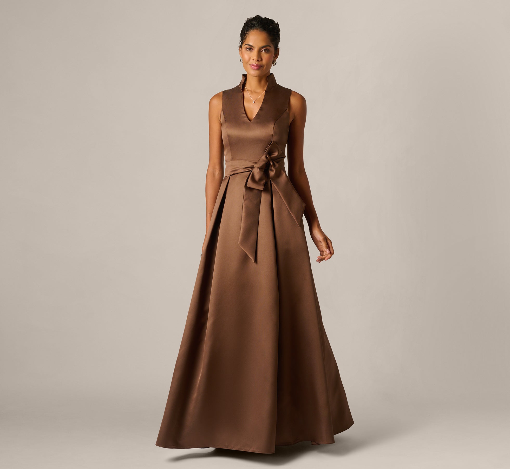Espresso Sleeveless Queen Anne Tie Front Ballgown - Adrianna Papell