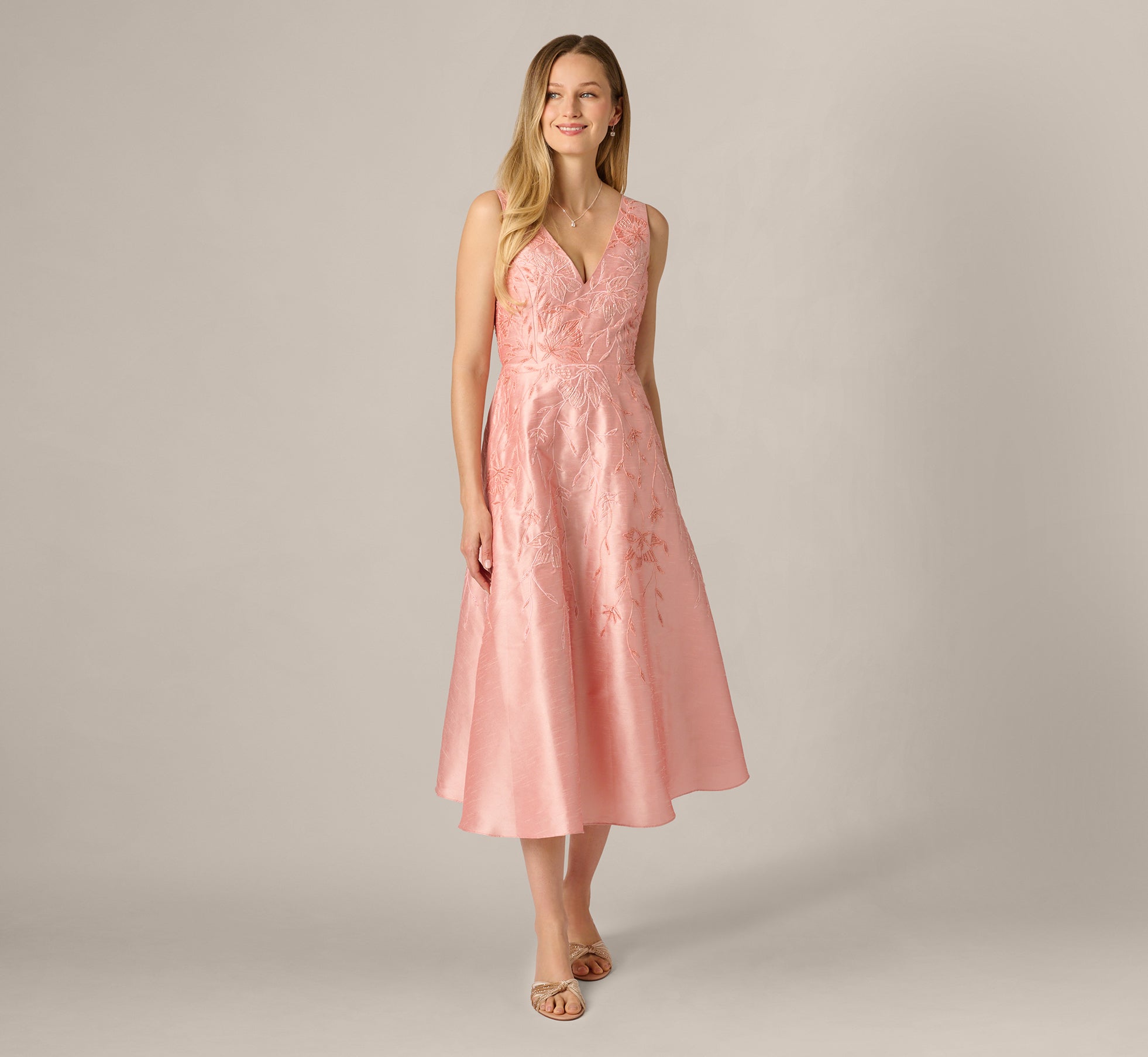 Adrianna Papell Embroidered Dupioni Midi Dress, Womens, 16, Light Pink Adrianna Papell Embroidered Dupioni Midi Dress, Womens, 16, Light Pink