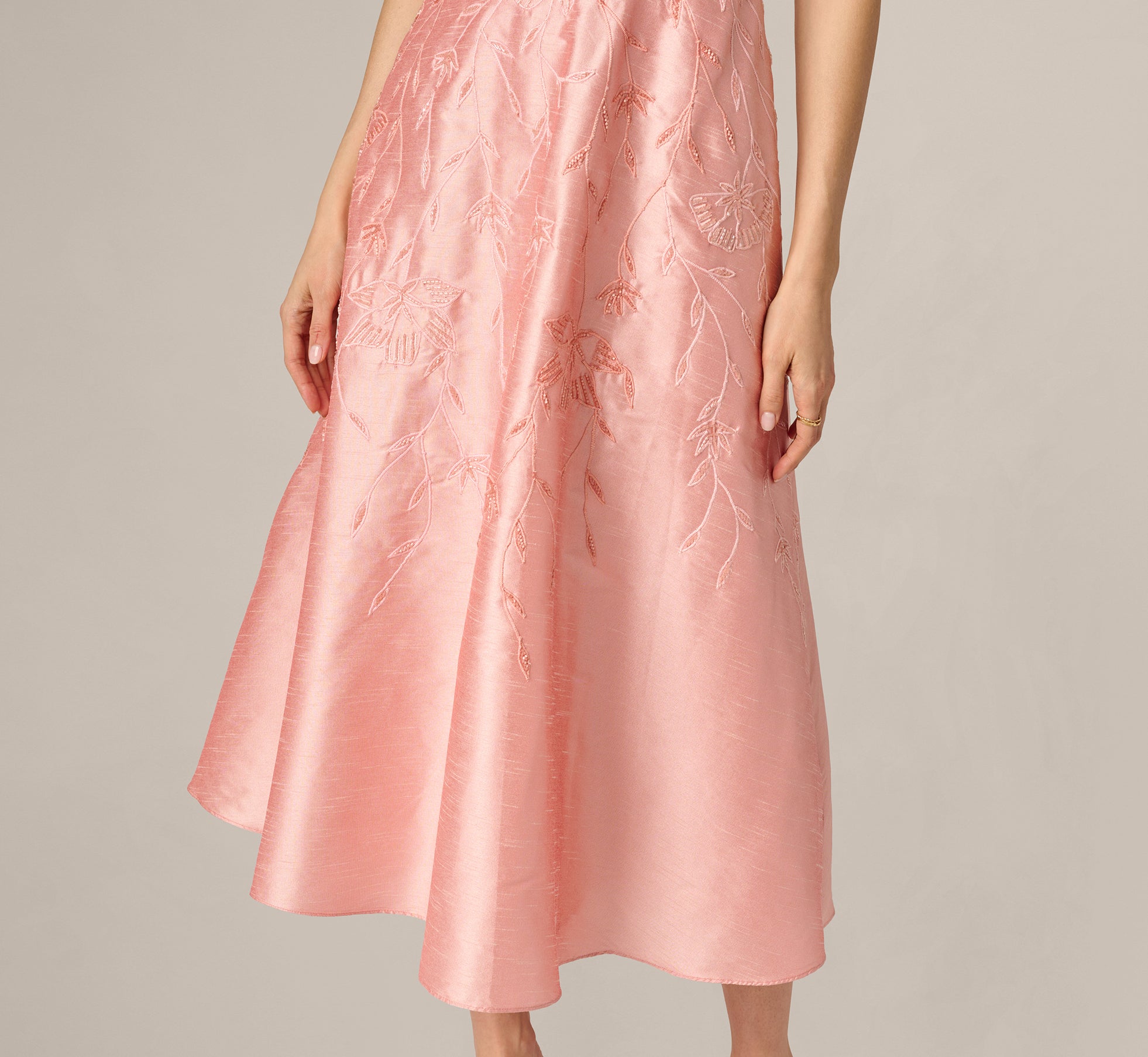 Pink Floral Embroidered Dupioni A Line Midi Dress