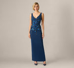 Pansy Floral Beaded Stretch Crepe Gown In Light Navy 2