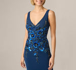 Pansy Floral Beaded Stretch Crepe Gown In Light Navy 3