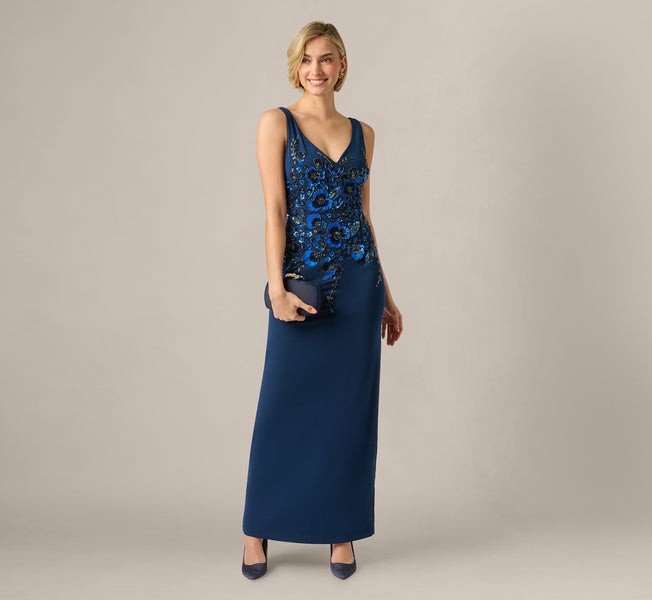 【新品】Apolina meera dress pansy 3-5y Navy Pansy Floral Beaded Stretch Crepe Gown - Adrianna Papell