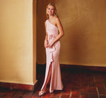One Shoulder Stretch Rosette Gown In Blush Whisper 1