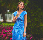 Cap Sleeve Twist Front Floral Tulle Gown In Blue Multi 1