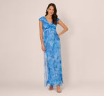 Cap Sleeve Twist Front Floral Tulle Gown In Blue Multi 3