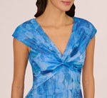 Cap Sleeve Twist Front Floral Tulle Gown In Blue Multi 4