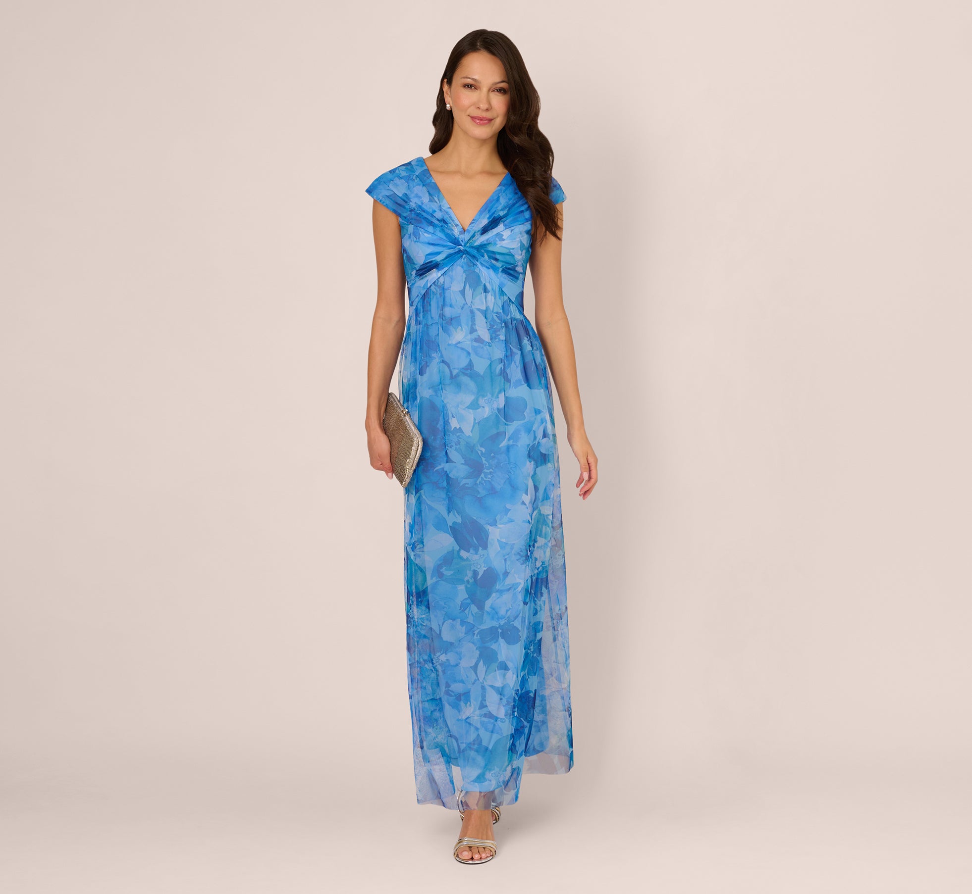 Blue Multi Cap Sleeve Twist Front Floral Tulle Gown - Adrianna Papell Blue Multi Cap Sleeve Twist Front Floral Tulle Gown - Adrianna Papell