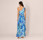 One Shoulder Tiered Floral Chiffon Gown In Blue Multi 6