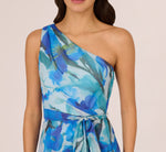 One Shoulder Tiered Floral Chiffon Gown In Blue Multi 4
