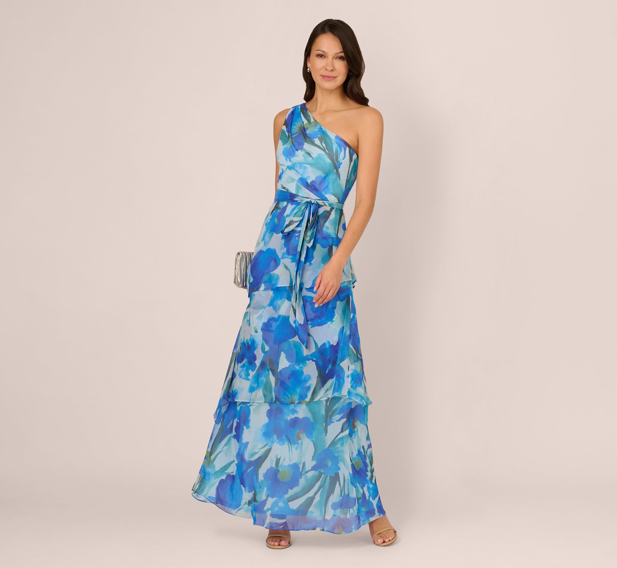 adrianna papell one shoulder chiffon dress Multi Colored One Shoulder Peony Floral Chiffon Scarf Gown