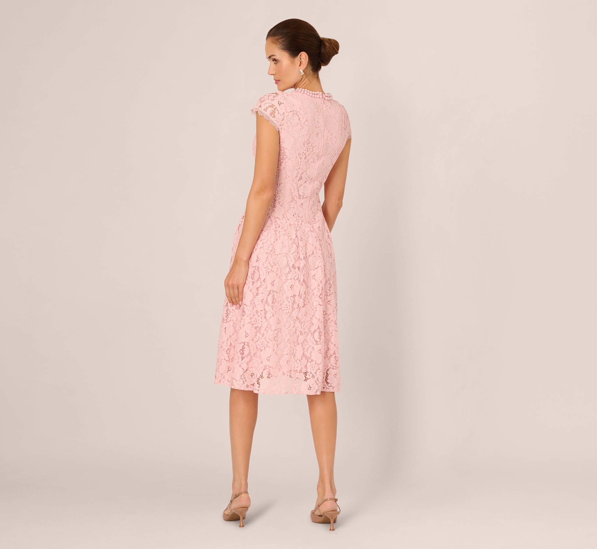 Cap Sleeve Pearly Lace Midi Dress In Blush Whisper