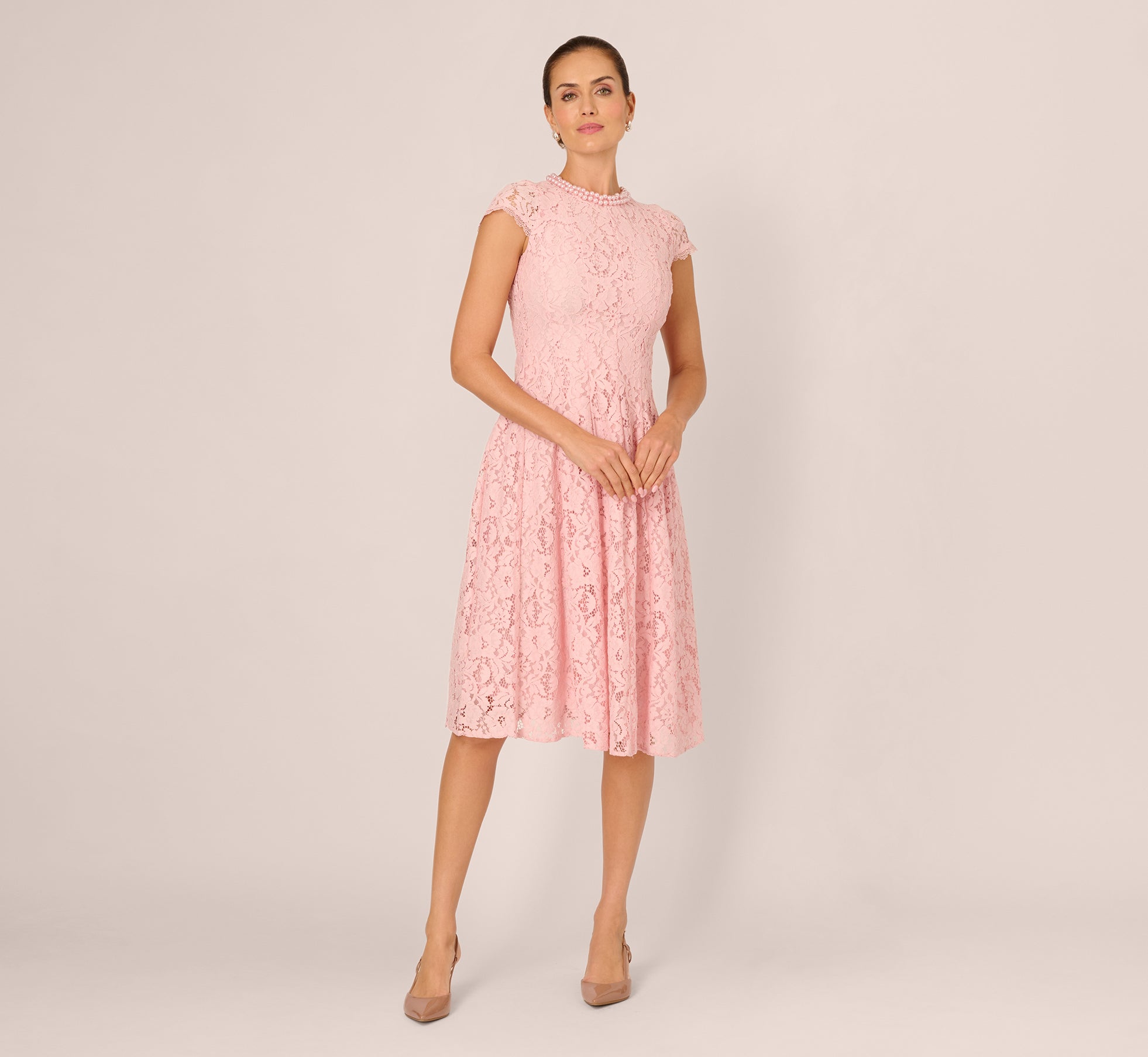 Cap Sleeve Pearly Lace Midi Dress In Blush Whisper