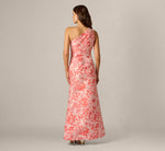One Shoulder Floral Jacquard Draped Gown In Coral Multi 5