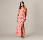 One Shoulder Floral Jacquard Draped Gown In Coral Multi 2