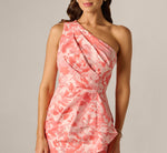 One Shoulder Floral Jacquard Draped Gown In Coral Multi 3