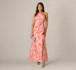 One Shoulder Floral Jacquard Draped Gown In Coral Multi 1