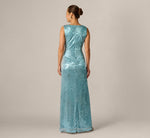 Crinkle Metallic Floral Draped Gown In Blue 5