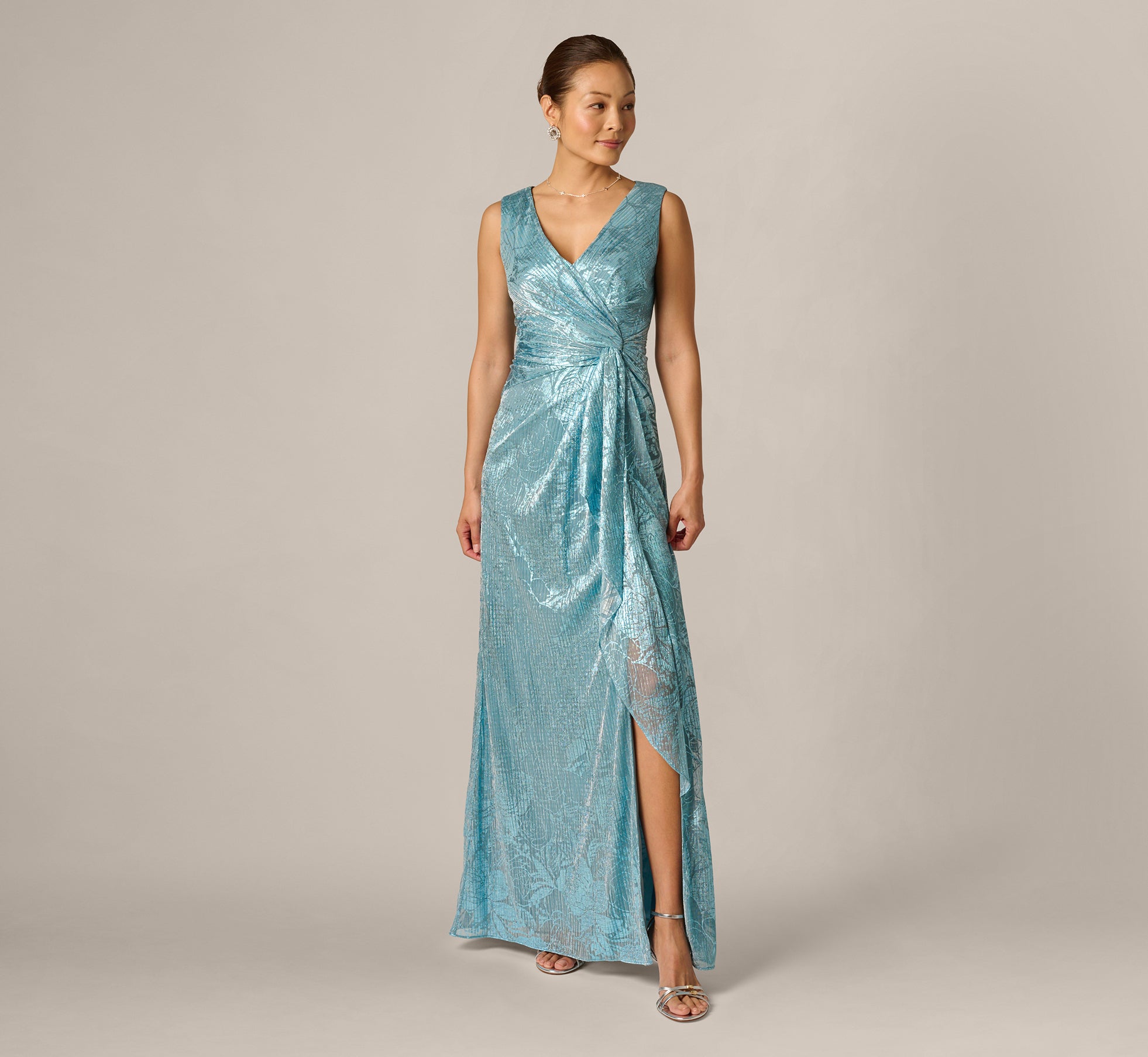 adrianna papell metallic crinkle dress Crinkle Metallic Floral Draped Gown In Blue, Blue / Regular / 6