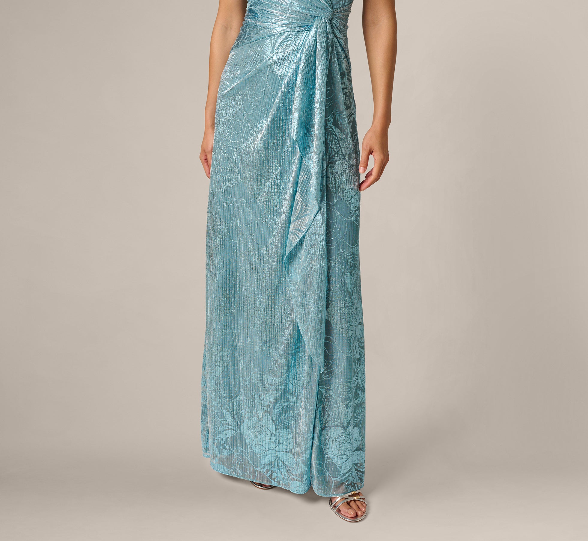 Blue Crinkle Metallic Floral Draped Gown
