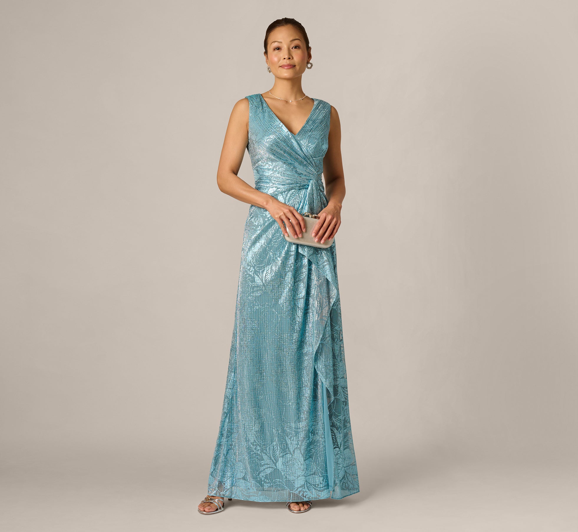 Crinkle Metallic Floral Draped Gown In Blue 1