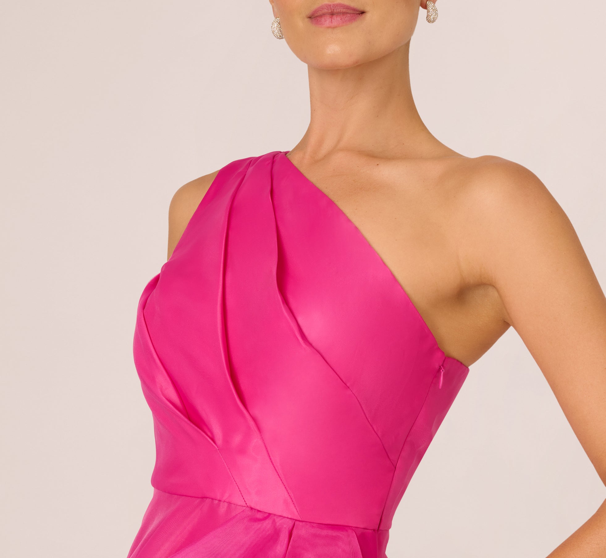 Lipstick One Shoulder Tulle Cascade Gown