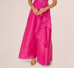 One Shoulder Tulle Cascade Gown In Lipstick 4