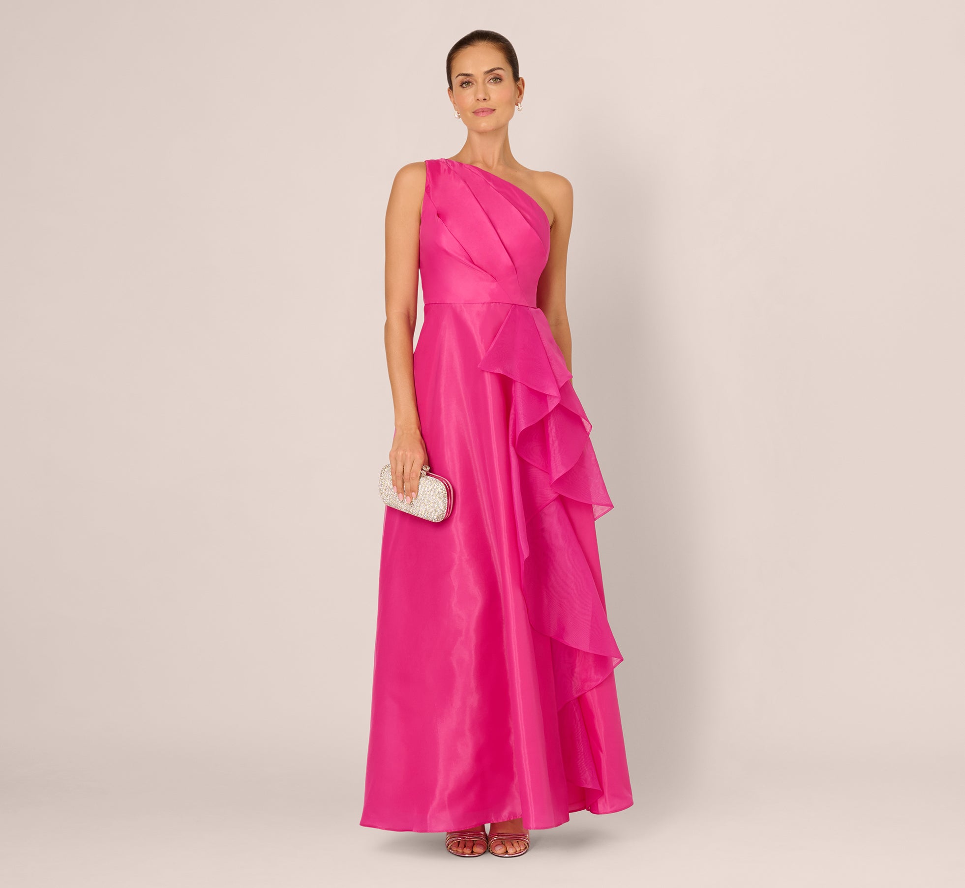 Red One Shoulder Tulle Cascade Gown