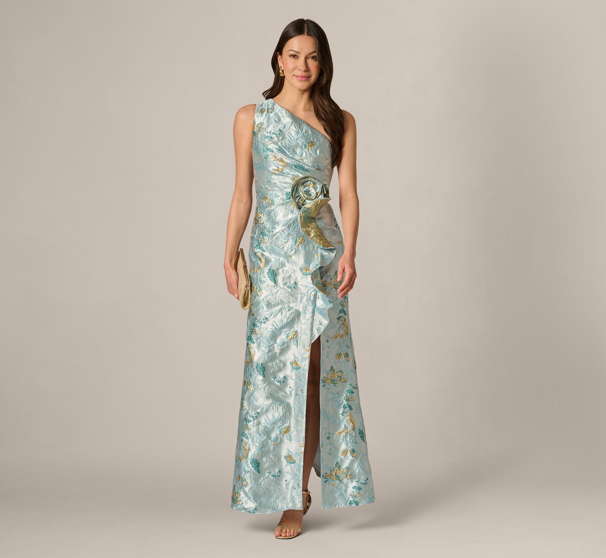 Multi Colored Petite One Shoulder Floral Jacquard Rosette Gown