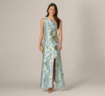 Petite One Shoulder Floral Jacquard Rosette Gown In Blue Multi 2