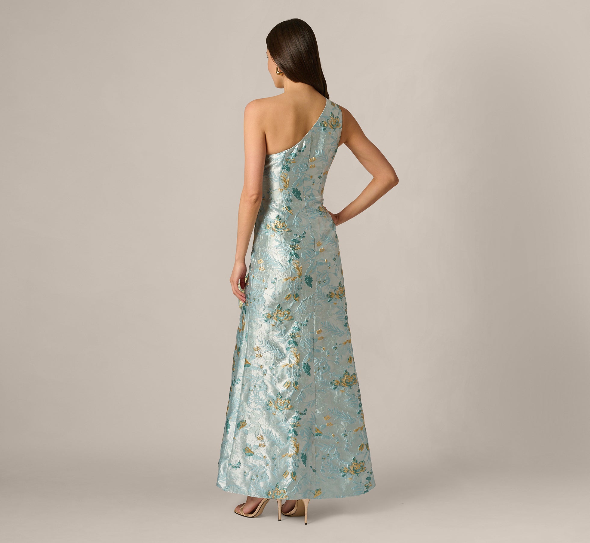 Multi Colored One Shoulder Floral Jacquard Rosette Gown - Adrianna