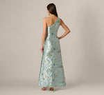 One Shoulder Floral Jacquard Rosette Gown In Blue Multi 6