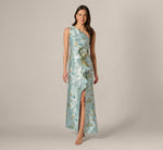 One Shoulder Floral Jacquard Rosette Gown In Blue Multi 3