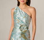 One Shoulder Floral Jacquard Rosette Gown In Blue Multi 4