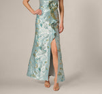One Shoulder Floral Jacquard Rosette Gown In Blue Multi 5