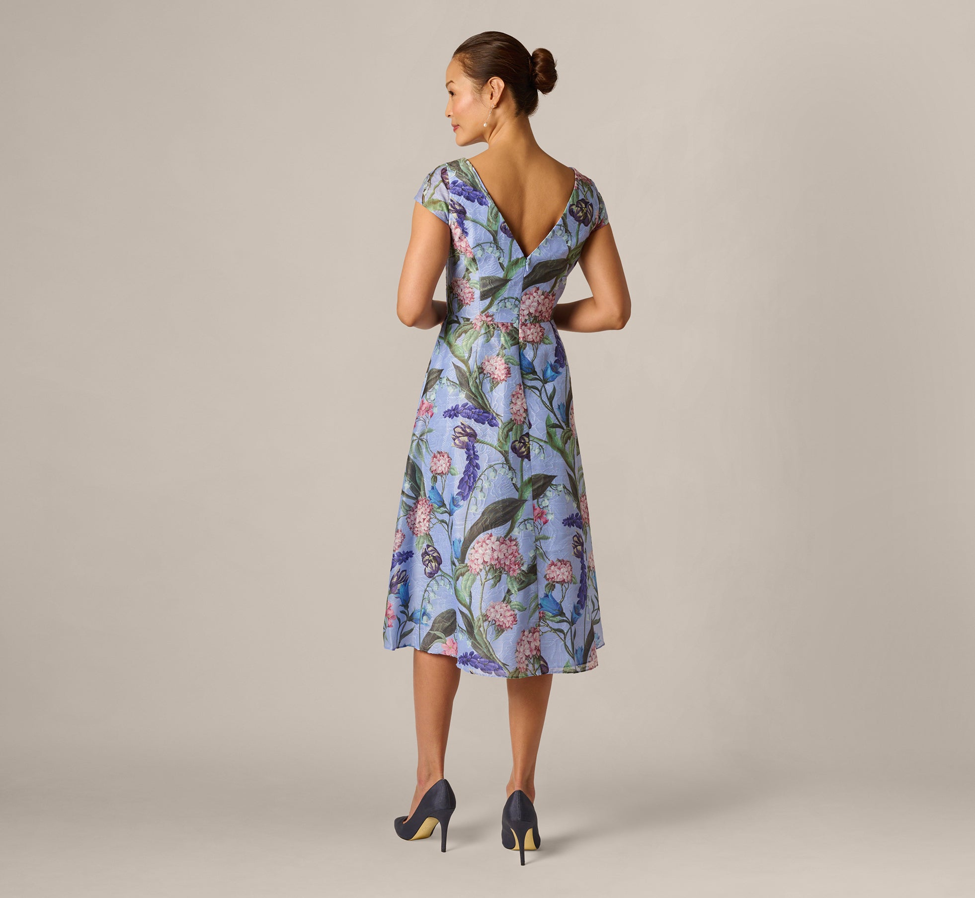 Multi Colored Cap Sleeve Floral Jacquard A Line Midi Dress