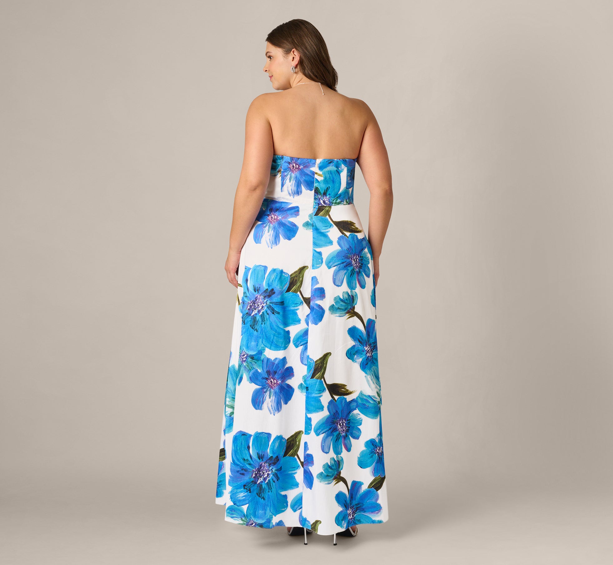 Adrianna Papell Plus Size Strapless Floral Embellished Dupioni Long Dress, Womens, 16W, Ivory/Blue